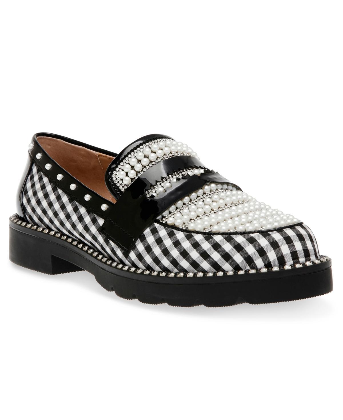 Betsey Johnson Womens Darian Pearl-Embellished Tailored Lug-Sole Loafers - Black Product Image