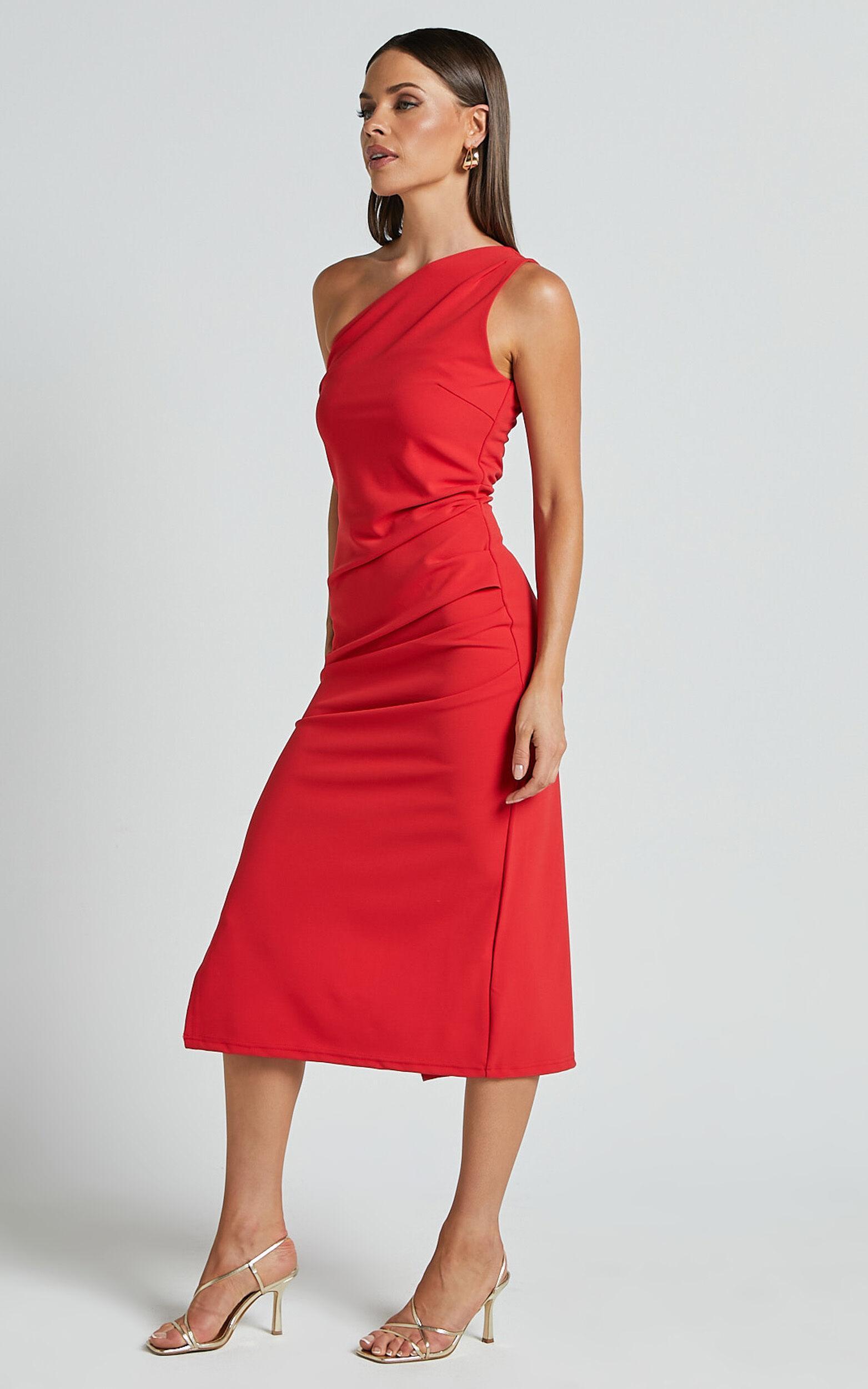 Monette Midi Dress - One Shoulder Straight Dress in Orange Red Product Image
