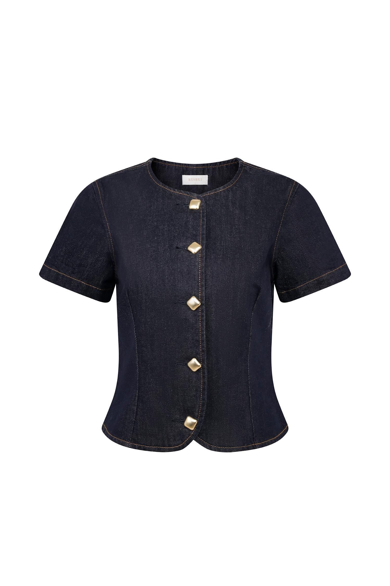 Bethany Short Sleeve Buttoned Denim Top - Washed Indigo Blue Product Image