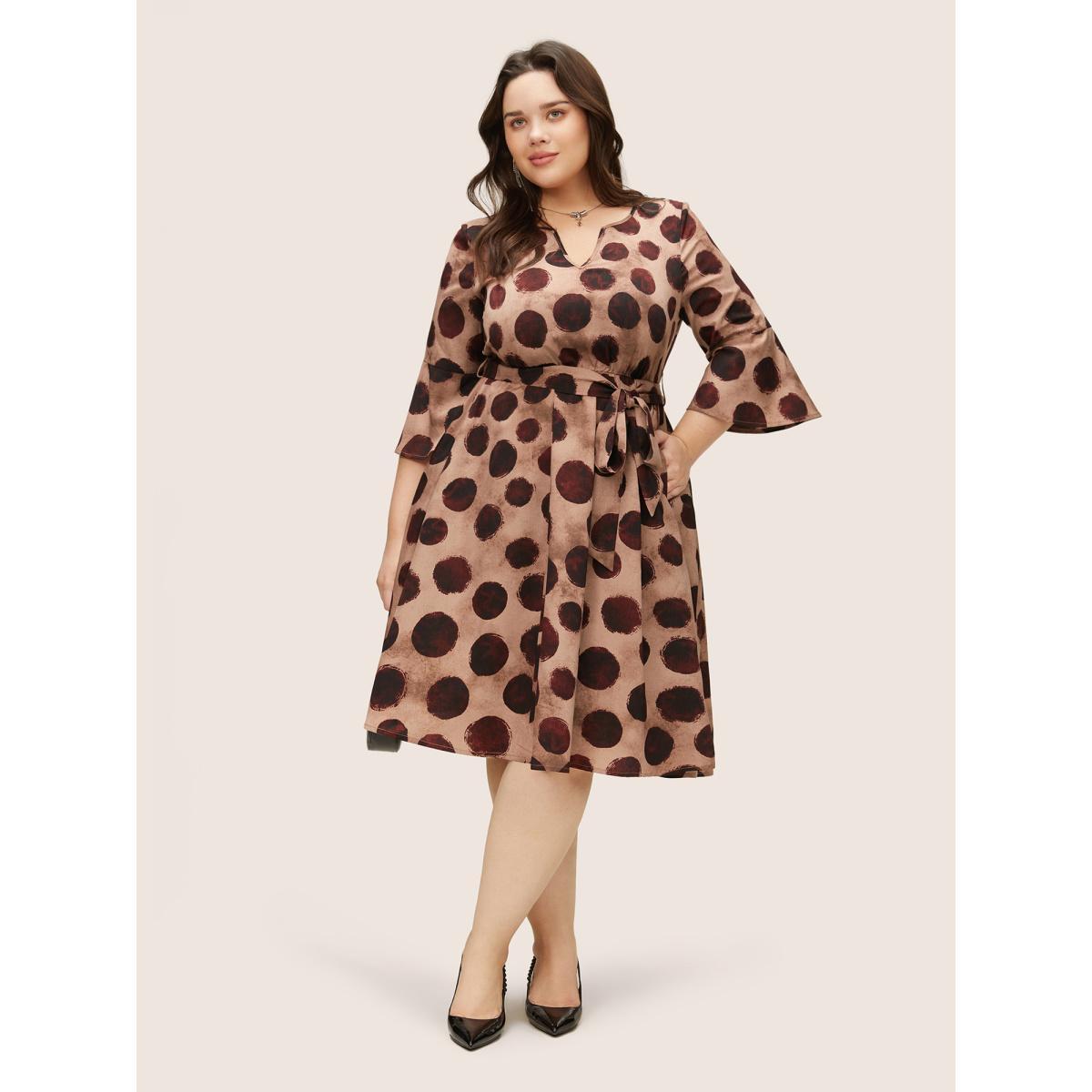 Plus Size Geometric Notched Bell Sleeve Belted Dress Russet Women At the Office Non Notched collar Elbow-length sleeve Curvy Midi Dress BloomChic 26/4X Product Image