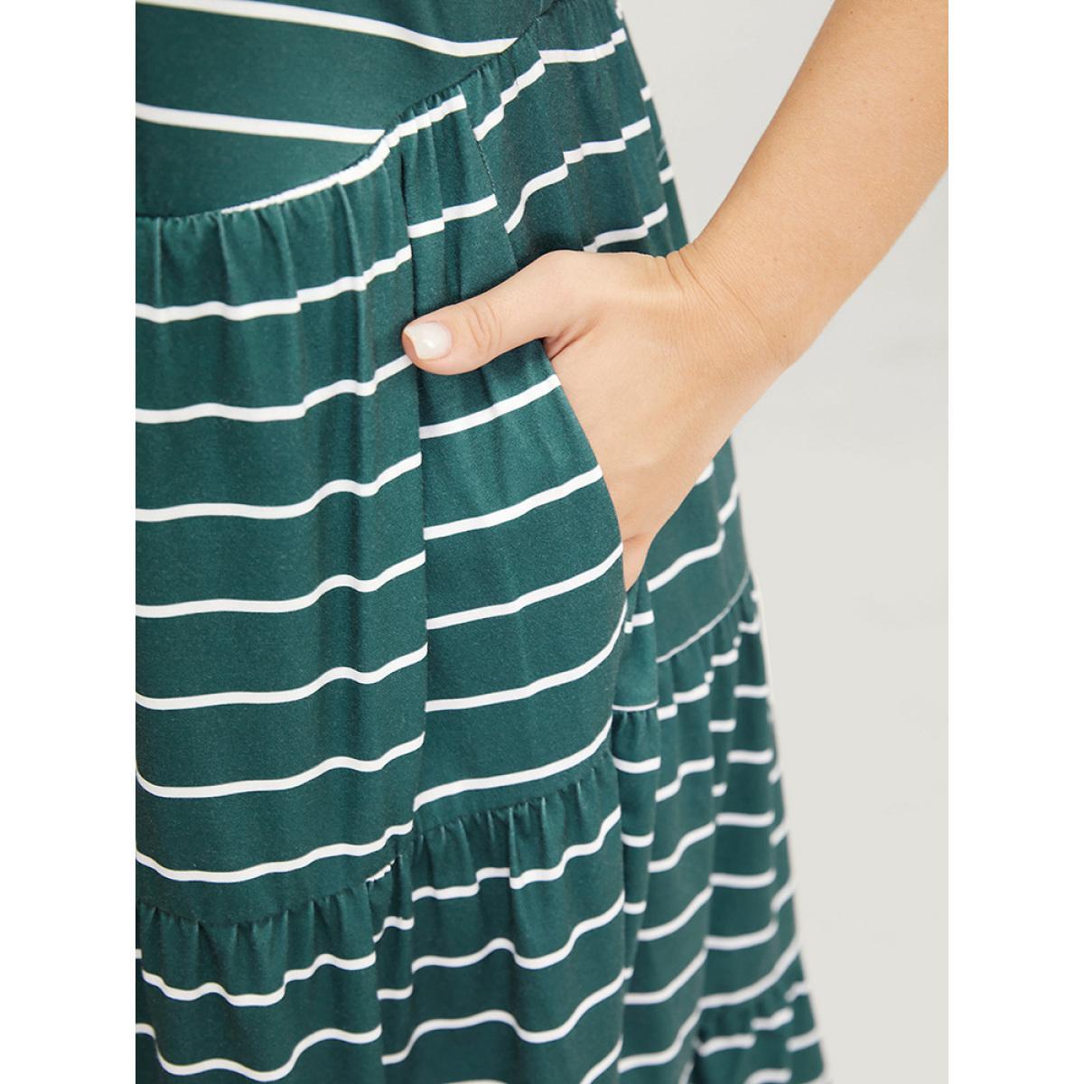 Plus Size Striped Print Button Detail Ruffle Tiered V Neck Tank Dress Cyan Women Casual Contrast V-neck Sleeveless Curvy Midi Dress BloomChic 10/M Product Image