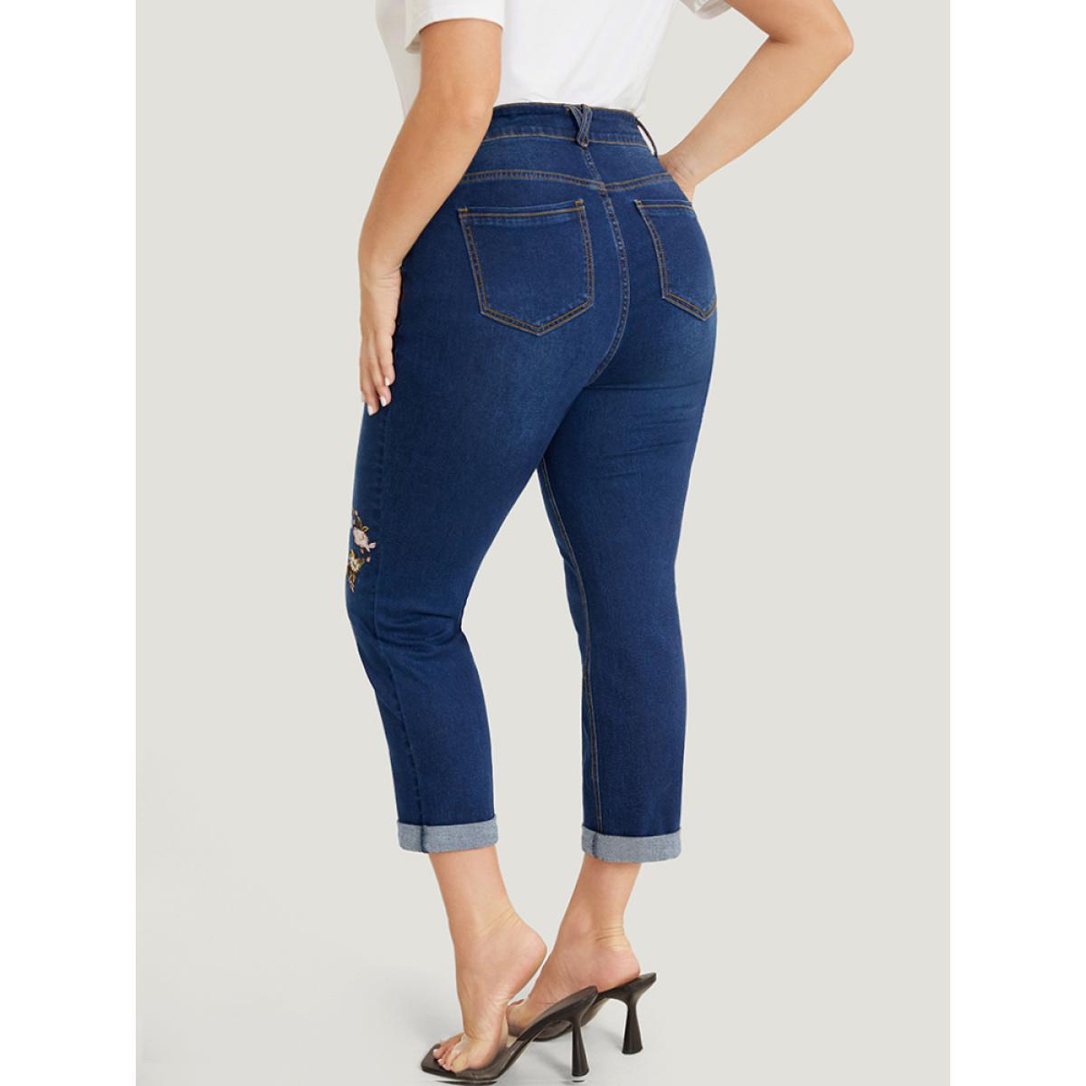 Plus Size Straight Leg Very Stretchy Dark Wash Floral Embroidered Jeans Women DarkBlue Casual Plain Embroidered High stretch Jeans BloomChic 30/6X Product Image
