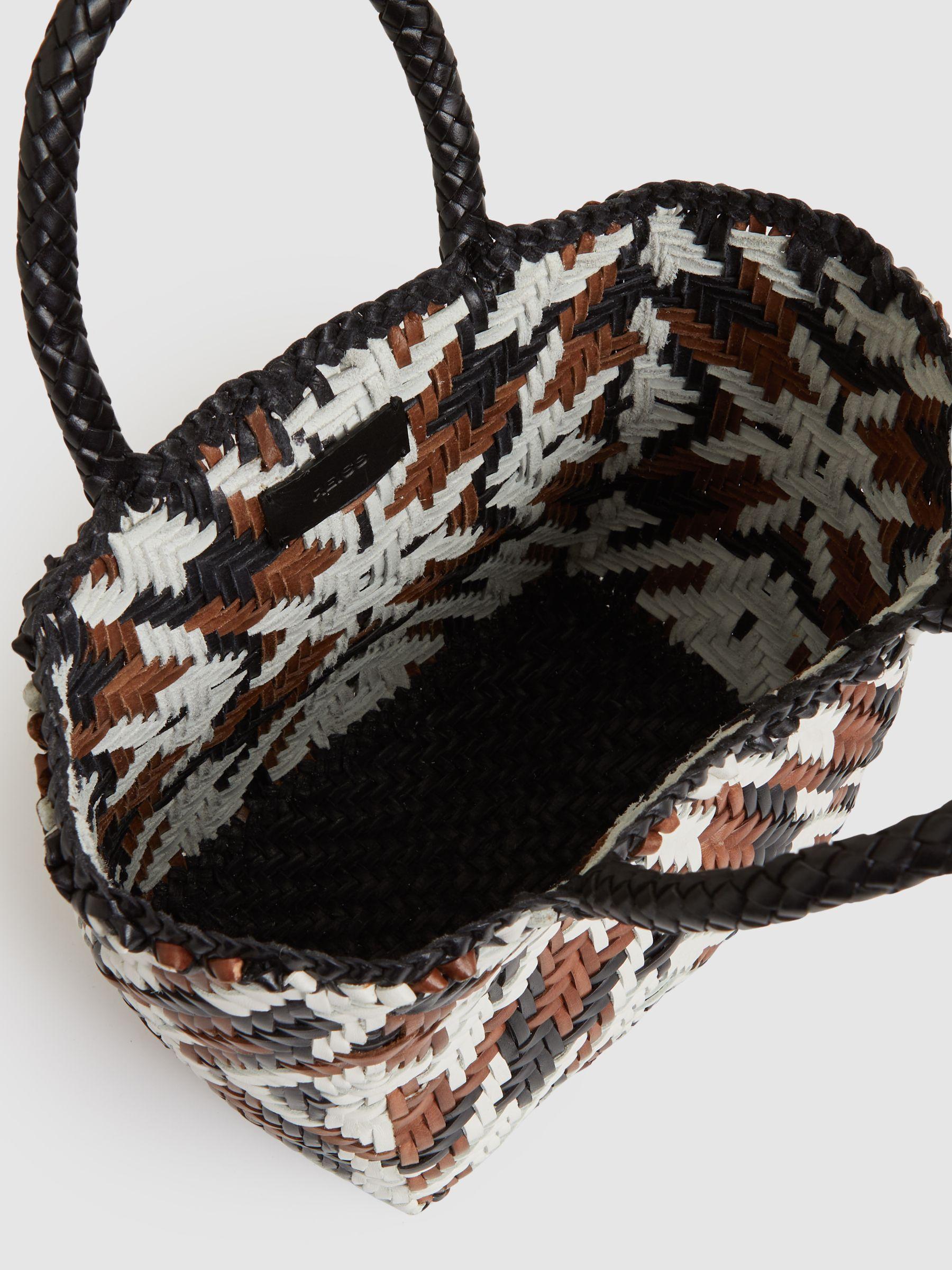 Small Leather Woven Tote Bag in Tan/White/Black Product Image