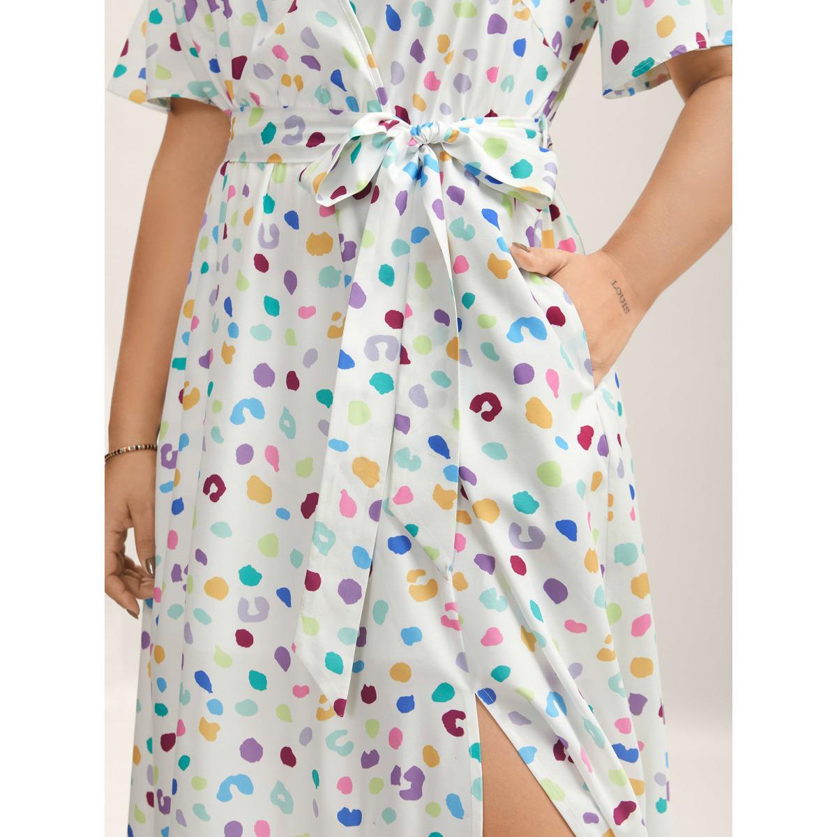 Plus Size Multi-Color Leopard Print Surplice Midi Dress Beige Women Overlap Collar Short sleeve Curvy BloomChic 10/M Product Image