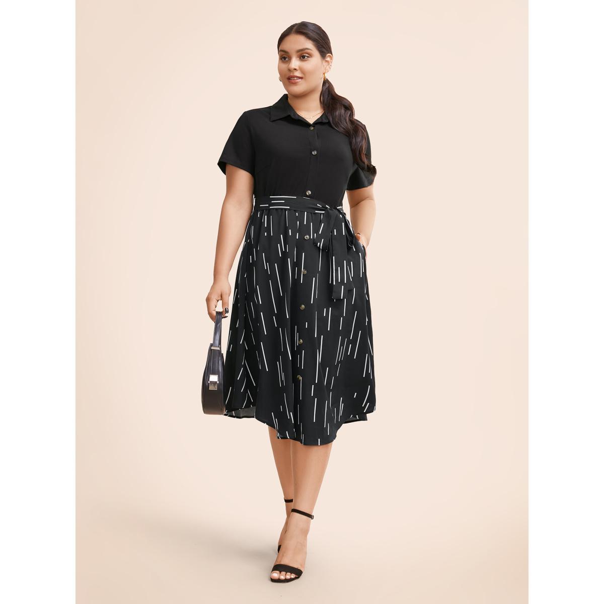 Plus Size Striped Patchwork Button Detail Belted Dress Black Women Workwear Essentials Belted Shirt collar Short sleeve Curvy BloomChic 10/M Product Image