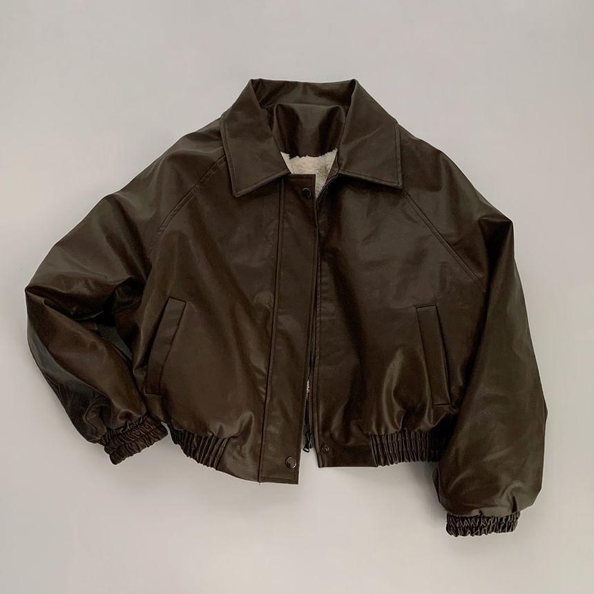 Long Sleeve Lapel Neck Fleece Lined Faux Leather Bomber Jacket Product Image