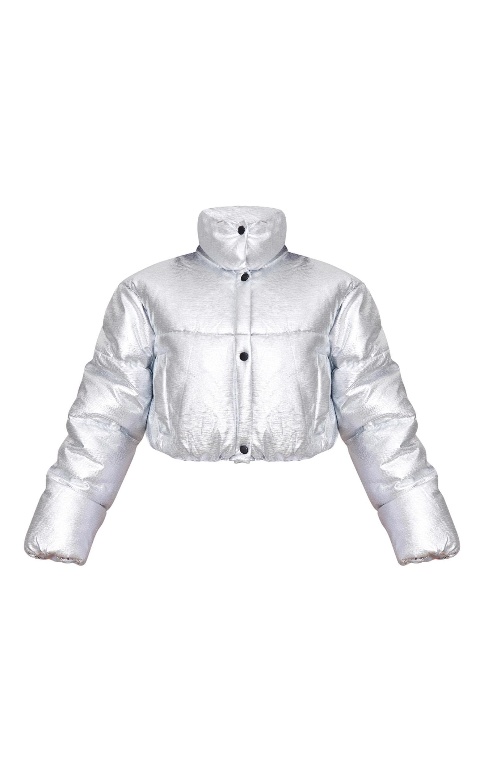 Silver Metallic Cropped Puffer Jacket Product Image