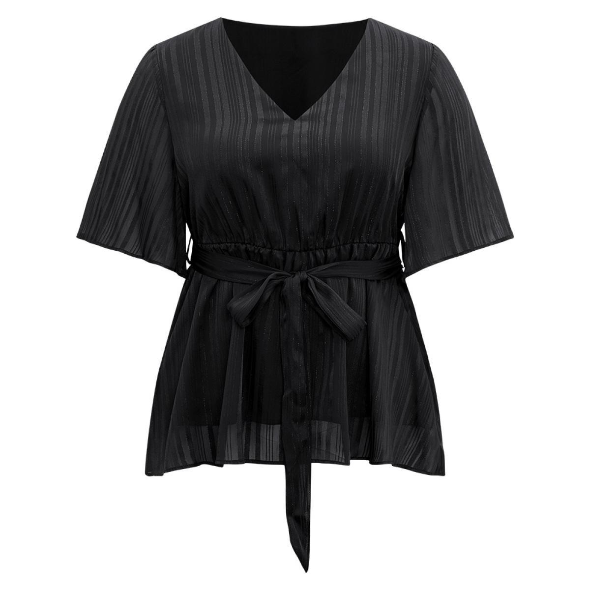 Plus Size Black Solid Chiffon Belted High Low Hem Blouse Women Elegant Half Sleeve V-neck Everyday Blouses BloomChic 18-20/2X Product Image