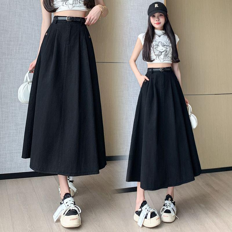 High Waist Plain Pleated Midi A-Line Denim Skirt Product Image