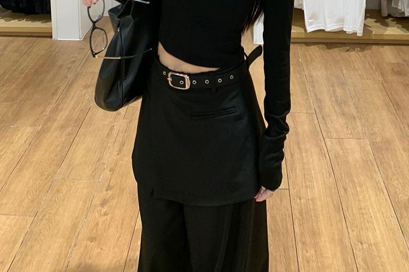 Long-Sleeve Round Neck Plain Crop Tee / High Rise Wide Leg Pants Product Image