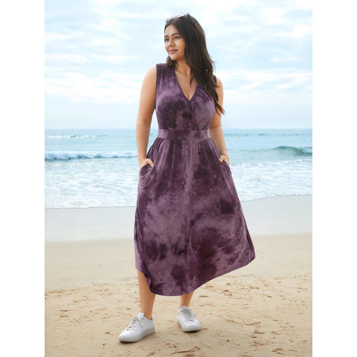 Plus Size Tie-Dye Surplice Neck Curved Hem Midi Dress Eggplant Women Casual Non Knit Dresses Bloomchic 28/5X Product Image