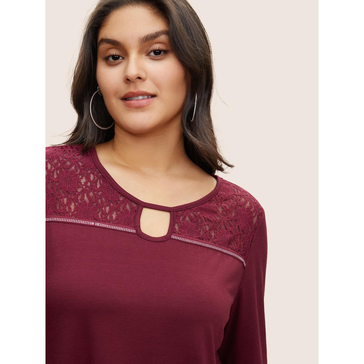 Plus Size Lace Patchwork Keyhole Rhinestone Detail T-shirt Burgundy Women Elegant See through Plain Round Neck Everyday T-shirts BloomChic 22-24/3X Product Image