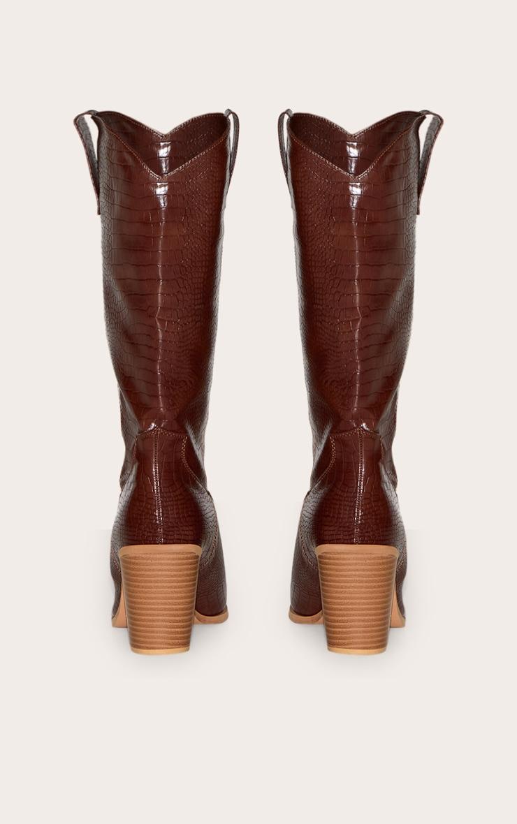 Brown PU Wide Fit Croc Point Toe Knee High Western Boots Product Image
