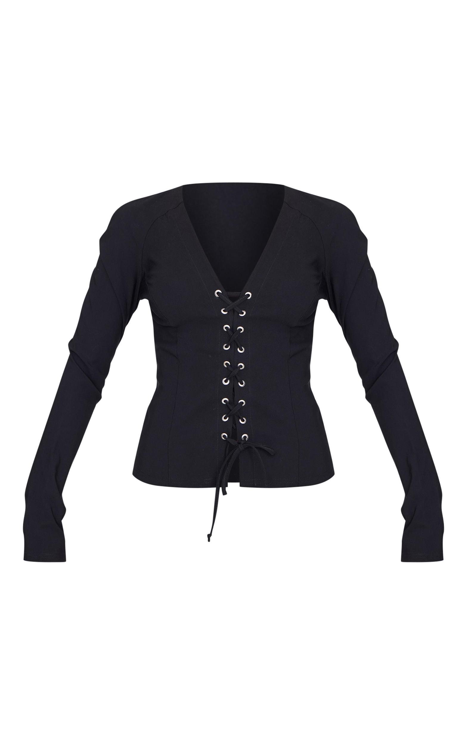 Black Stretch Woven Tie Front Fitted Shirt Product Image