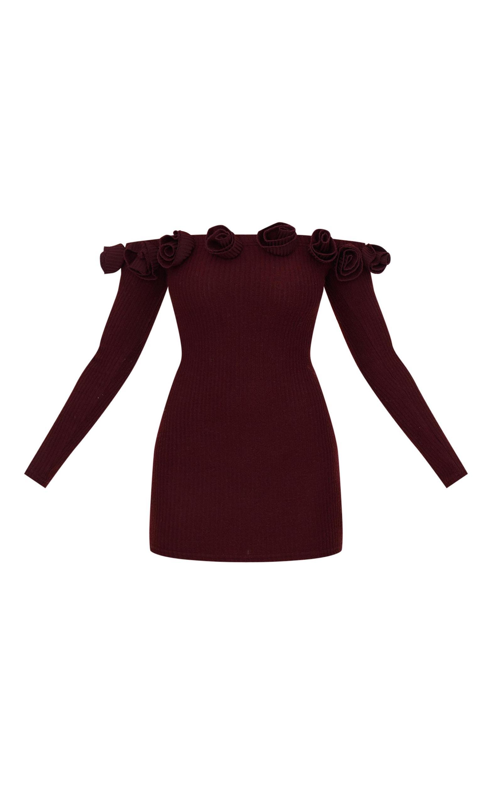 Chocolate Brushed Rib Corsage Detail Bardot Bodycon Dress Product Image