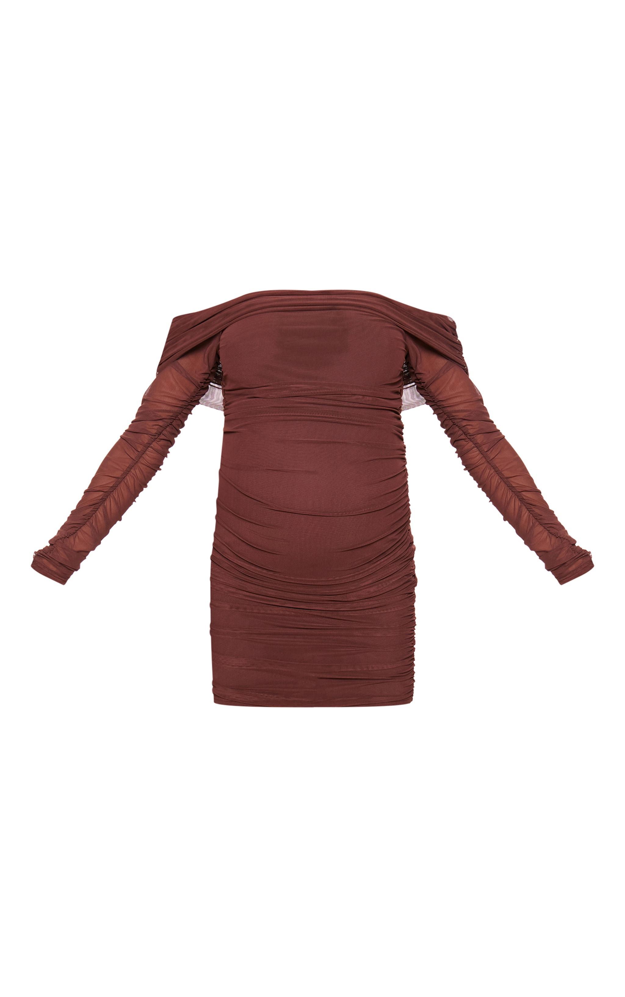 Maternity Chocolate Mesh Ruched Long Sleeve Mini Dress Product Image