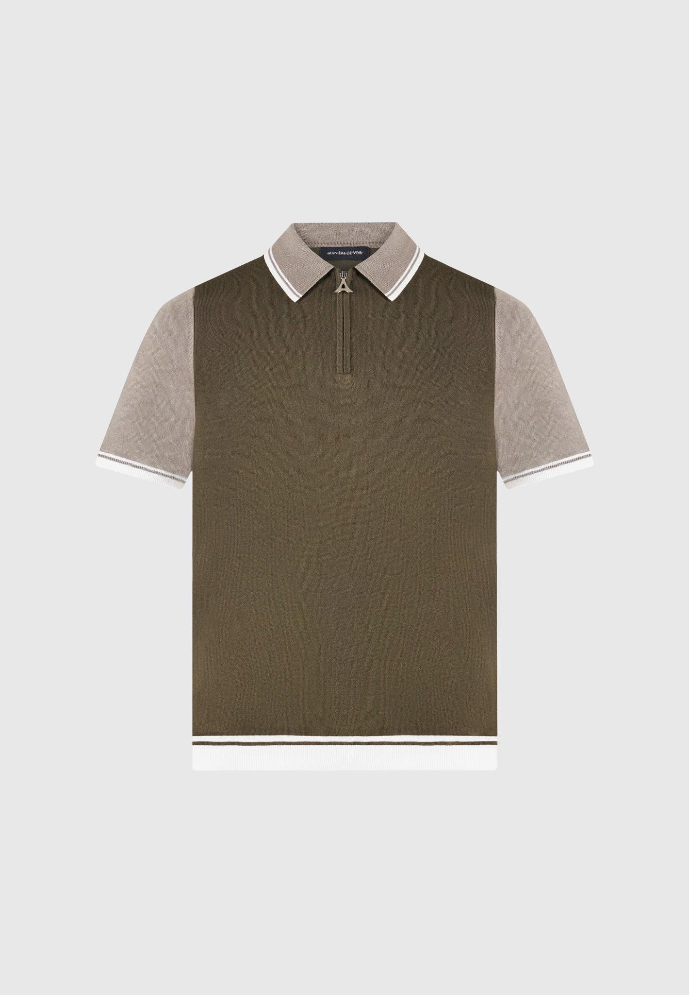 Colour Block Zip Polo Shirt - Khaki Male Product Image