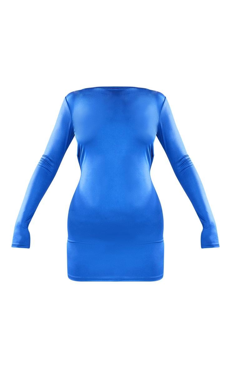 Blue Metallic Slinky Long Sleeve Cowl Back Bodycon Dress Product Image
