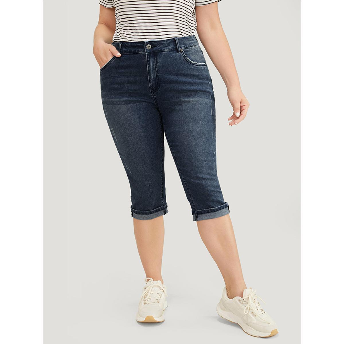 Plus Size Very Stretchy Medium Wash Roll Hem Knee Denim Shorts Women Midnight High stretch Dailywear Pocket Casual Denim Shorts BloomChic 18/2X Product Image