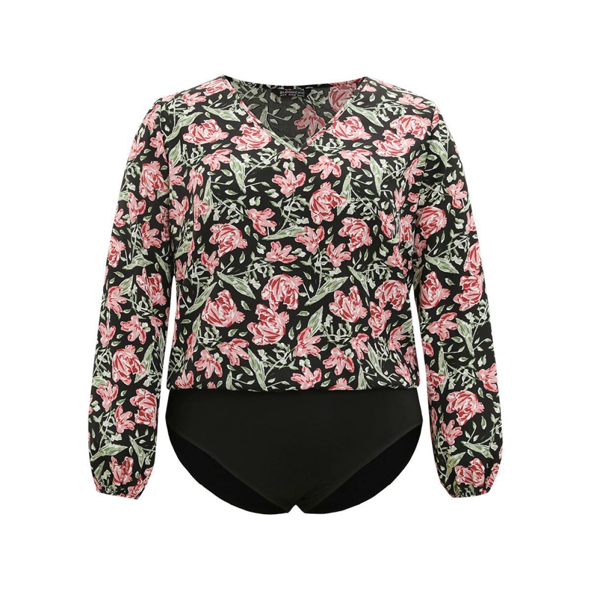 Plus Size Floral Print V Neck Elastic Waist Lantern Sleeve Bodysuit Women BlackFlower Natural Flowers Printed Bodysuits BloomChic 10/M Product Image