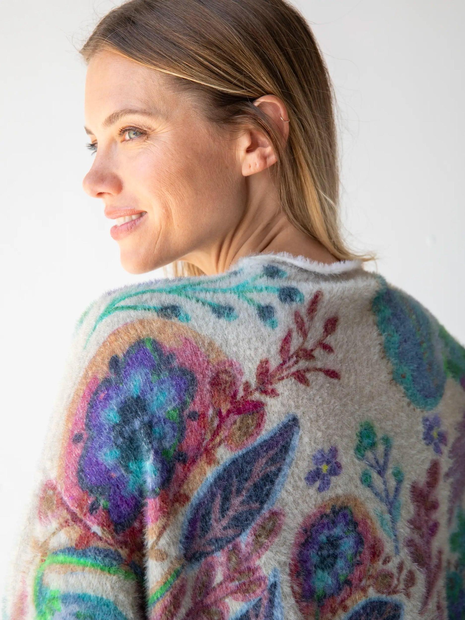 Cashmere-Like Mock Neck Sweater - Ash Folk Flower Product Image