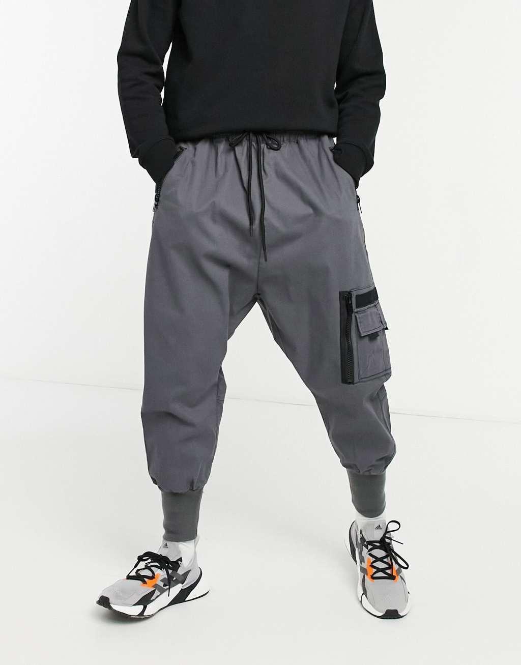 ASOS DESIGN drop crotch trousers with MA1 pocket and jersey cuff-Grey Product Image