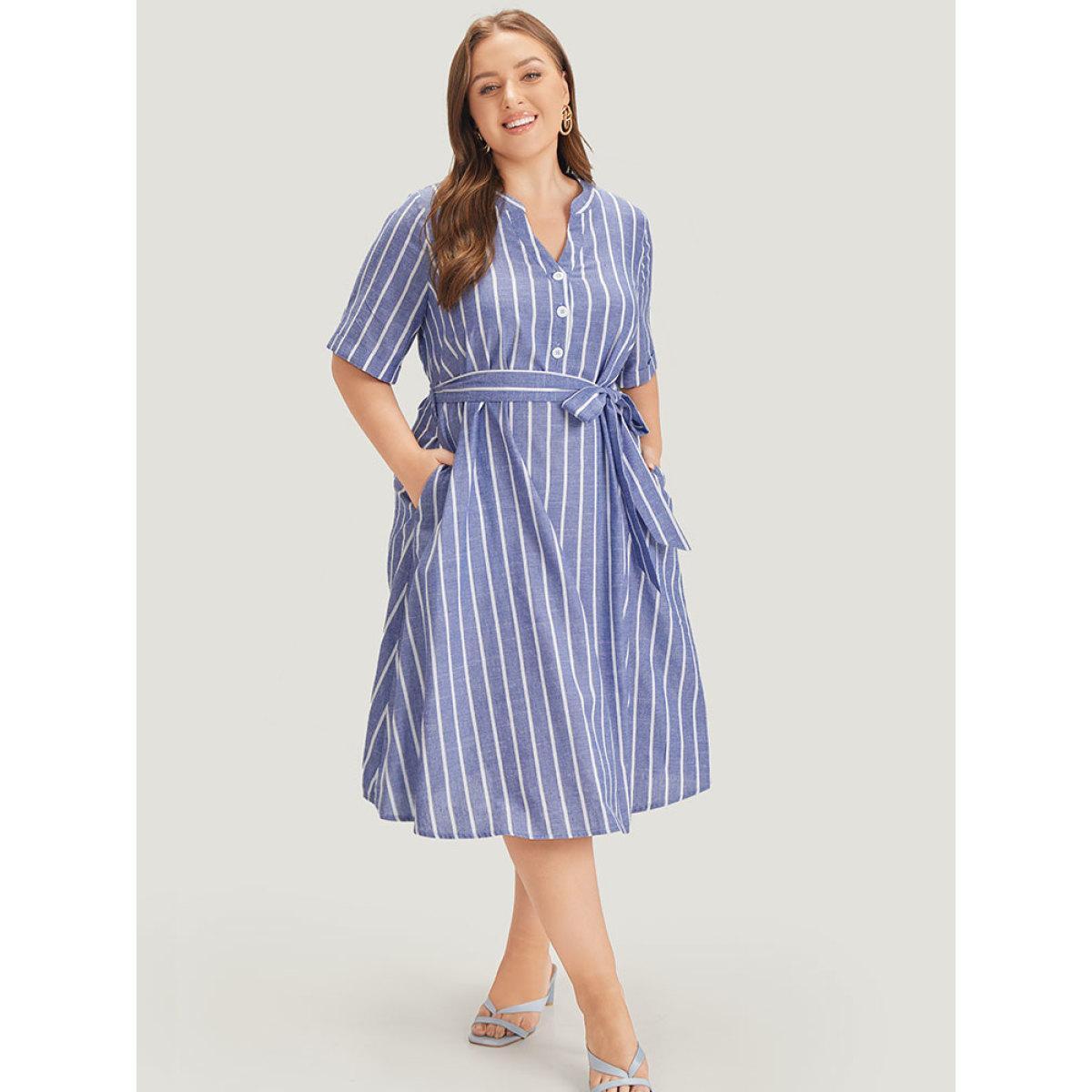 Plus Size Striped Print Belt Pocket Notched Button Up Dress Blue Women Office Cross straps Notched collar Short sleeve Curvy Midi Dress BloomChic 26/4X Product Image