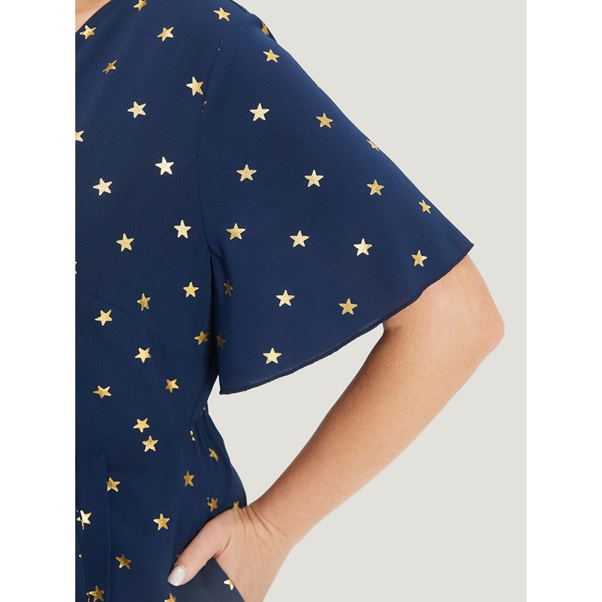 Plus Size Star Wrap Ties Pocket Ruffle Sleeve Dress Indigo Women Party Wrap Overlap Collar Sleeveless Curvy Midi Dress BloomChic 14-16/1X Product Image