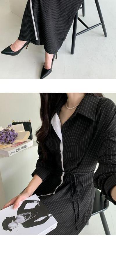 Long-Sleeve Pinstriped Contrast Trim Button-Up Midi A-Line Dress Product Image