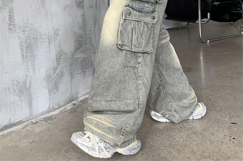 High Rise Washed Wide Leg Cargo Jeans Product Image