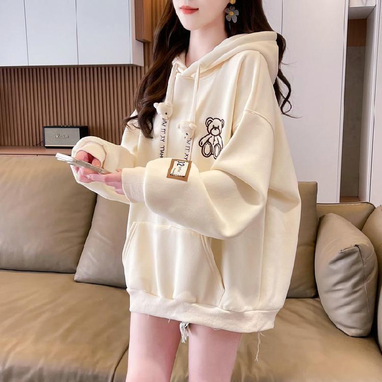 Bear Embroidered Applique Oversized Hoodie Product Image