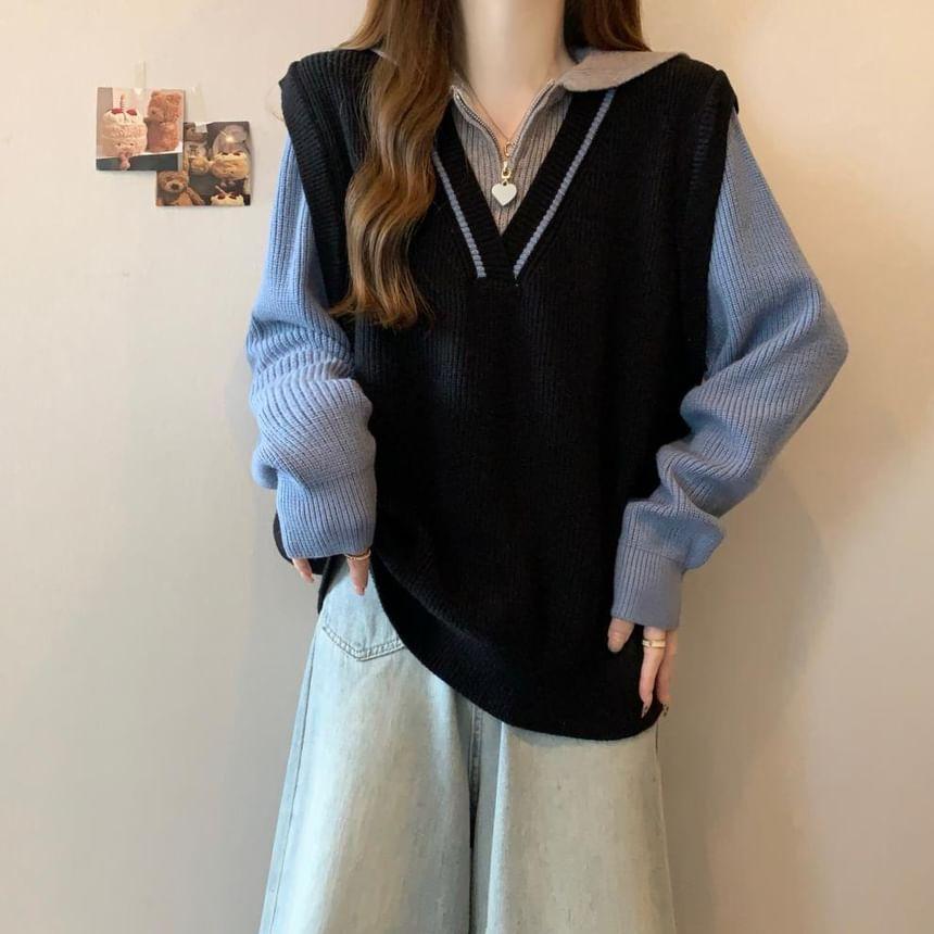 Sailor Collar Mock Two-Piece Color Block Half-Zip Sweater Product Image