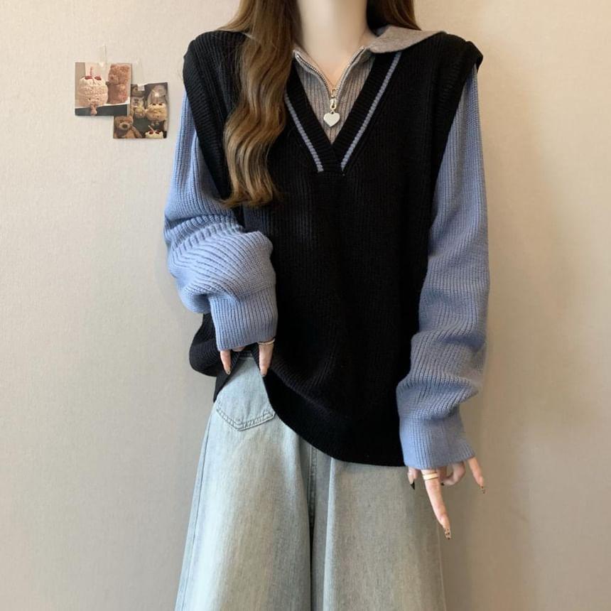 Sailor Collar Mock Two-Piece Color Block Half-Zip Sweater Product Image