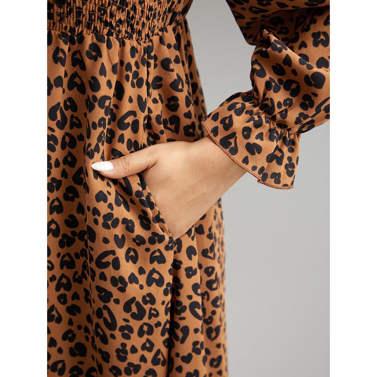 Plus Size Leopard Print Shirred Square Neck Pocket Dress Rust Women Casual Printed Square Neck Long Sleeve Curvy Midi Dress BloomChic 10/M Product Image