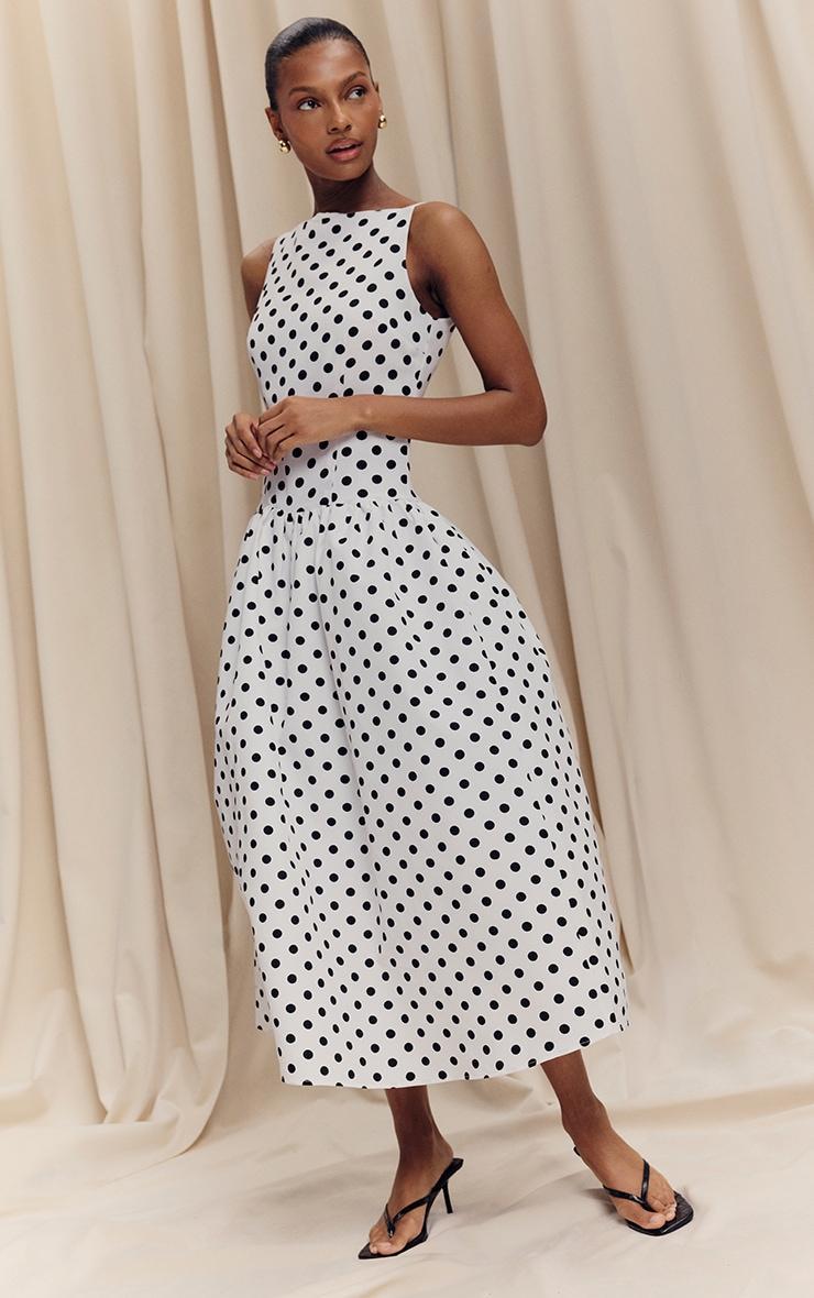 Monochrome Polka Dot Printed Dropped Waist Midaxi Dress Product Image