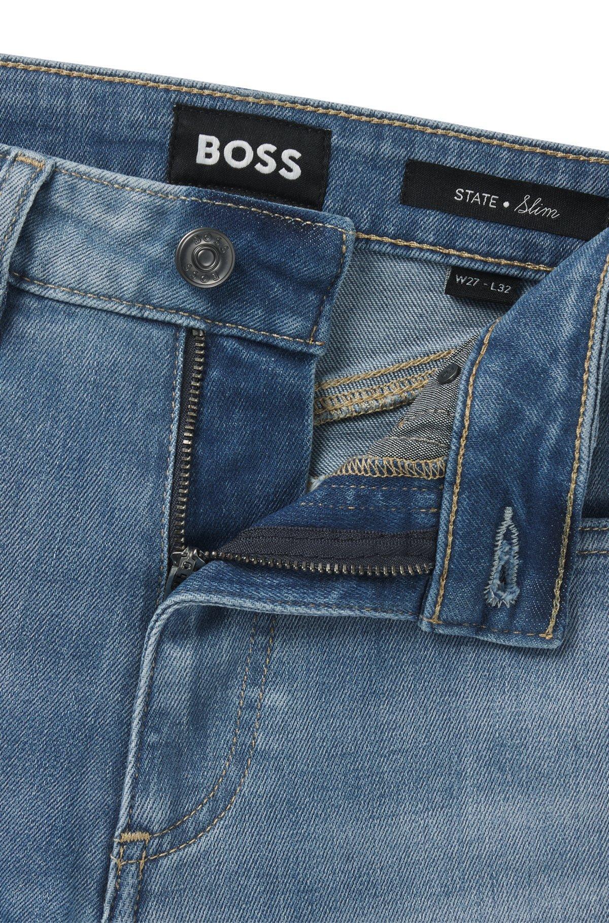 BOSS - Slim-fit jeans in washed blue stretch denim - Light Blue Product Image