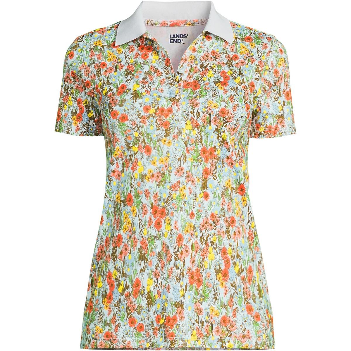Petite Lands' End Supima Cotton Short Sleeve Polo Shirt, Women's, Size: Large Petite, White Field Floral Product Image
