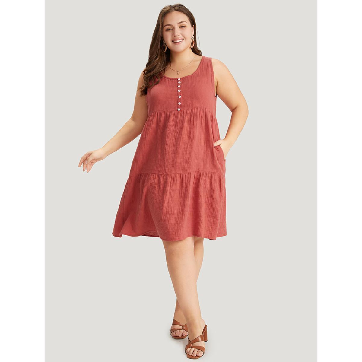 Plus Size Solid Button Detail Layered Hem Tank Dress Rust Women Vacation Button Round Neck Sleeveless Curvy Knee Dress BloomChic 18-20/2X Product Image