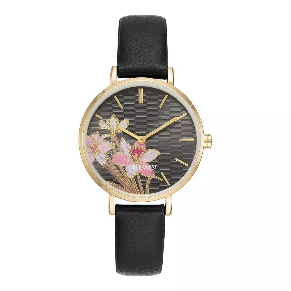 Nine West Women's Flower Dial Black Strap Watch Product Image