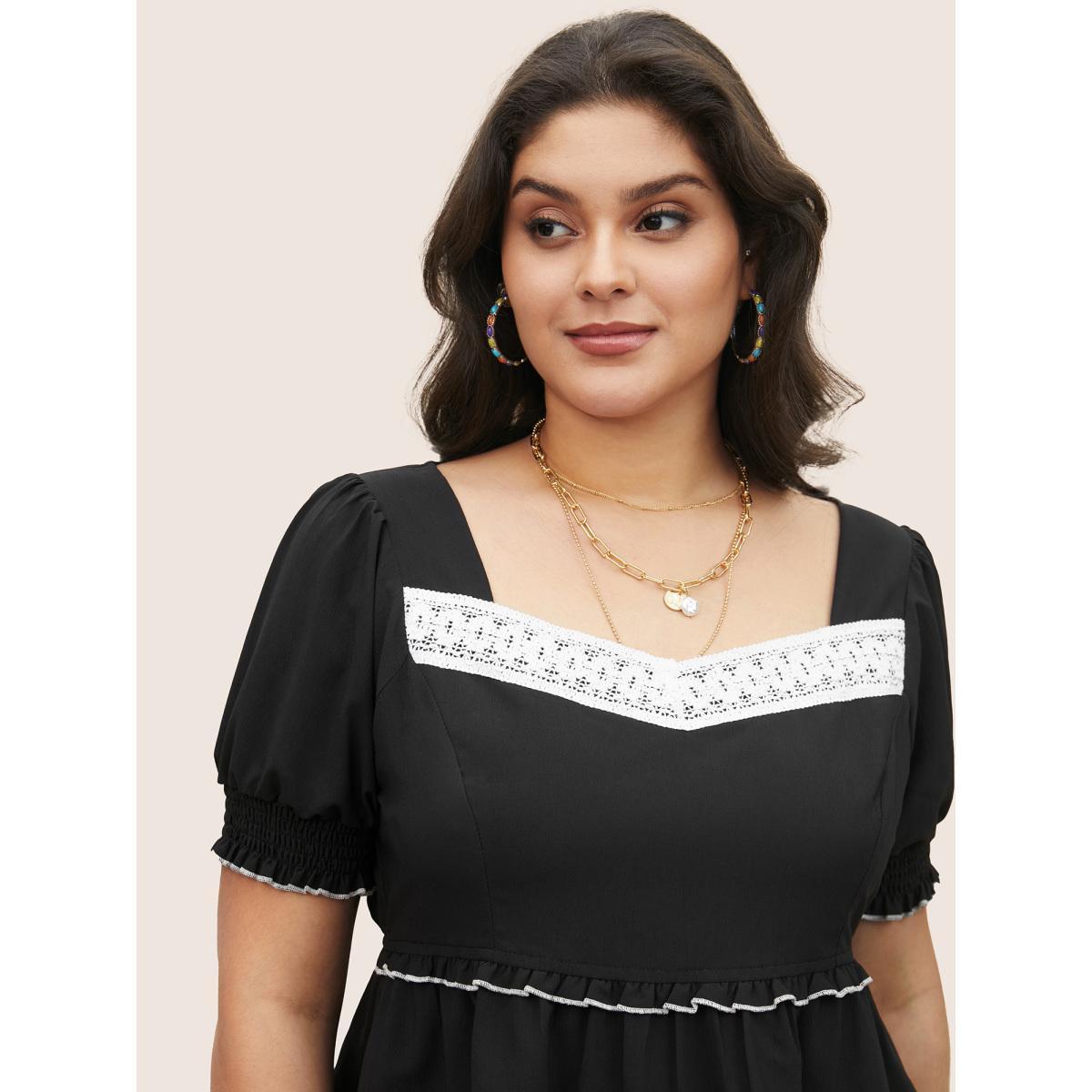 Plus Size Black Contrast Shirred Woven Ribbon Frill Trim Blouse Women Elegant Short sleeve Heart neckline Everyday Blouses BloomChic 10/M Product Image