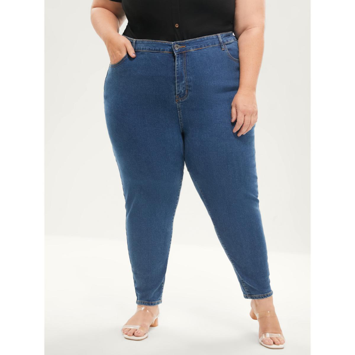 Plus Size Skinny Very Stretchy Mid Rise Medium Wash Patchwork Jeans Women Blue Casual Plain Patchwork High stretch Pocket Jeans BloomChic 30/6X Product Image