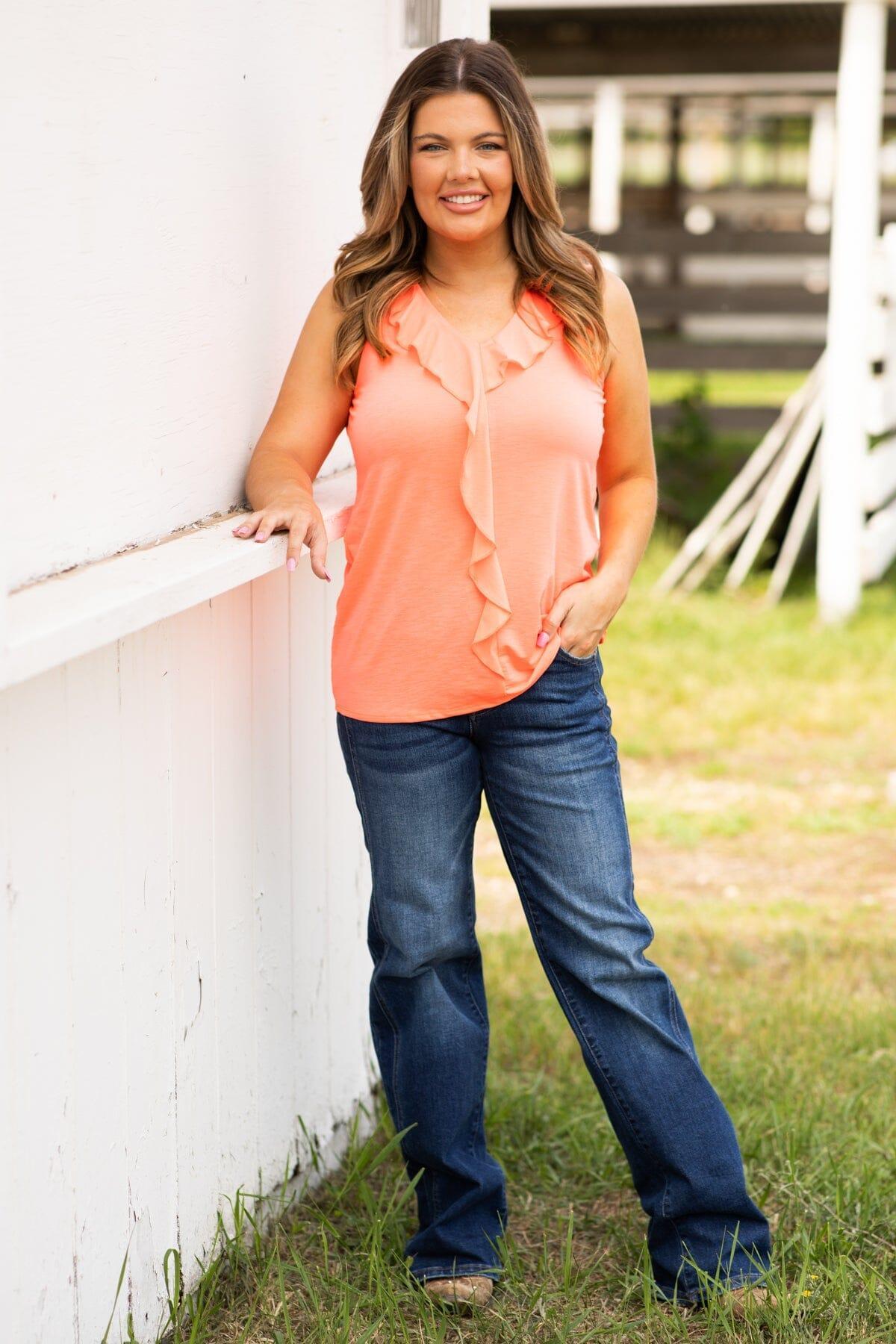Neon Coral Tank With Front Ruffle Detail Product Image