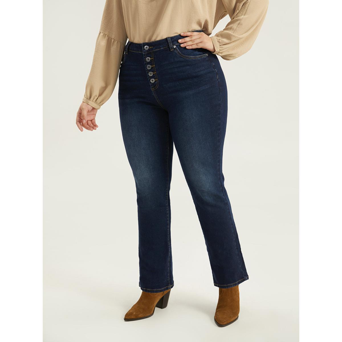 Plus Size Straight Leg Button Fly Pocket Jeans Women Indigo Casual Plain Plain High stretch Pocket Jeans BloomChic 30/6X Product Image
