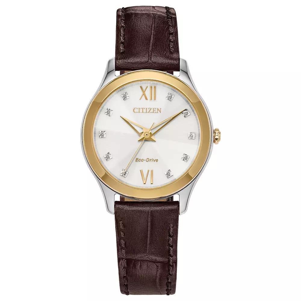 Citizen Axiom Eco-Drive Womens Two Tone Stainless Steel Diamond Accent Leather Strap Watch Brown Product Image