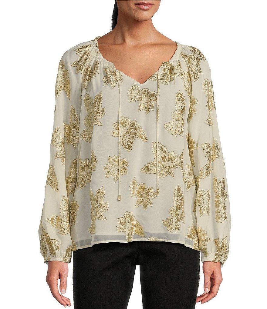 Tommy Bahama Shimmering Shores Metallic Jacquard Peasant Tie Crew Neck Long Sleeve Popover Top Product Image