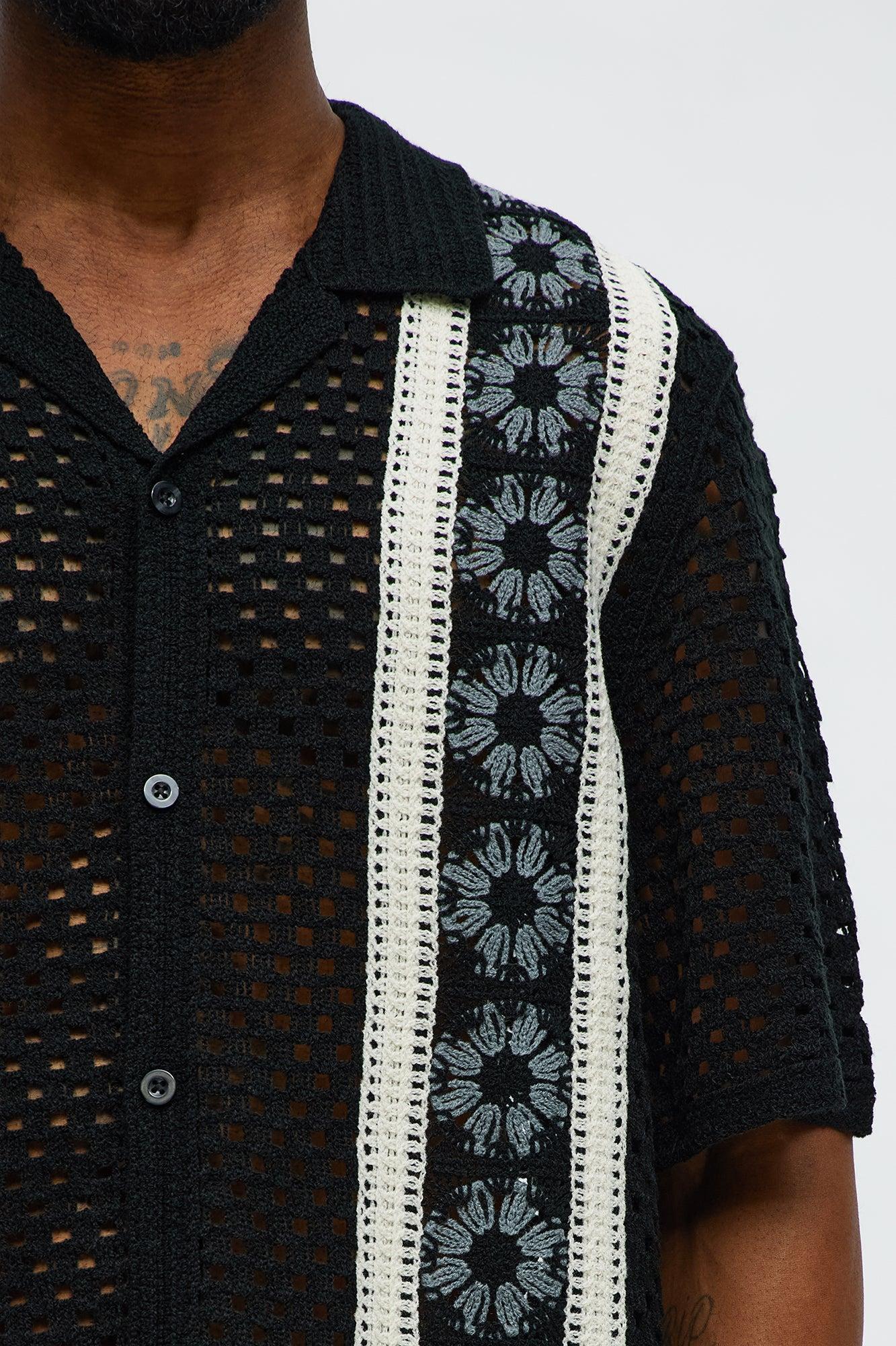 Crochet Panel Cuban Collar Button Up Shirt - Black/combo Product Image
