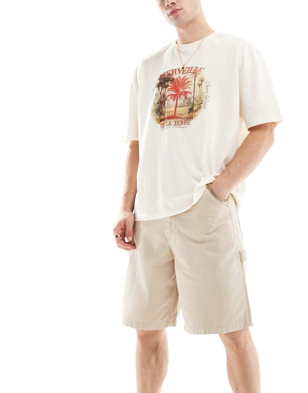 Jack & Jones baggy fit carpenter shorts in beige Product Image