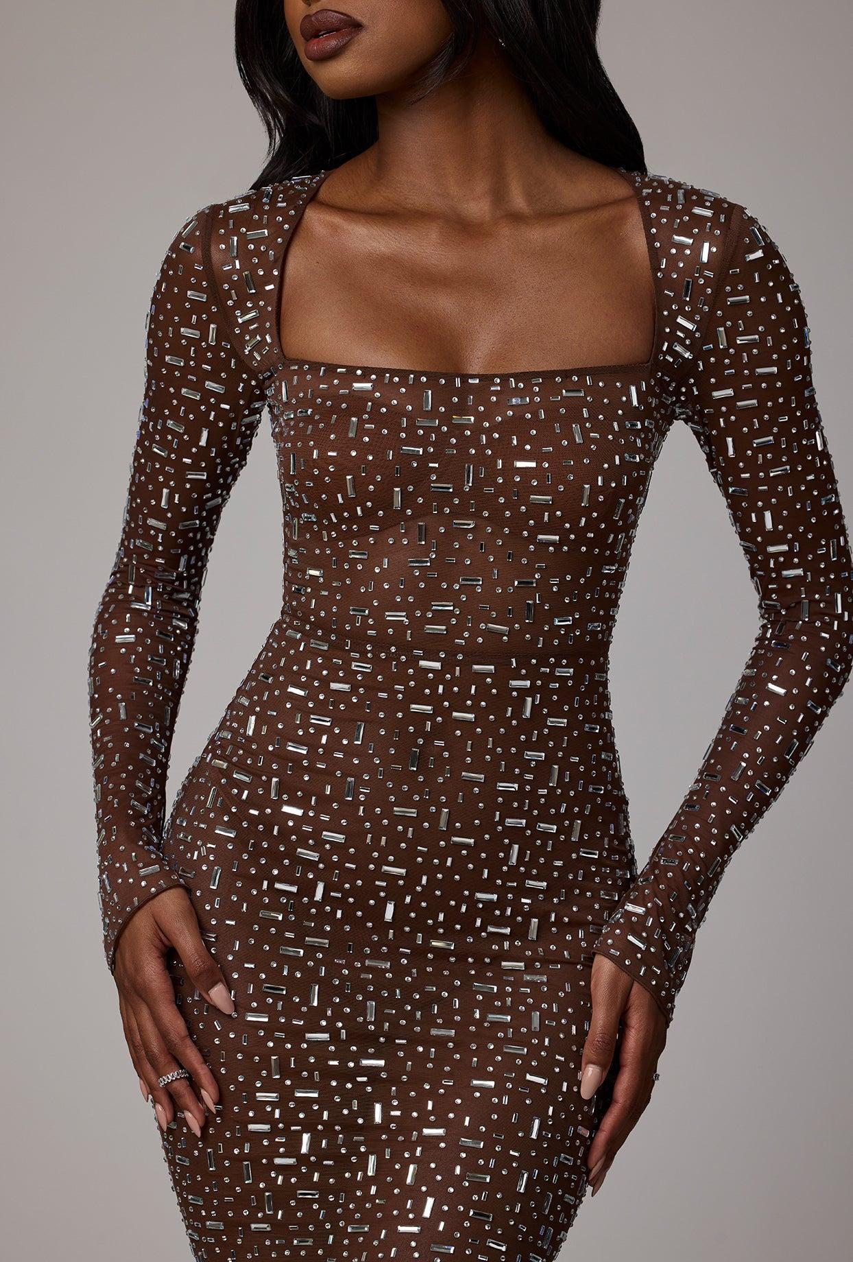 Sheer Embellished Long Sleeve Evening Gown in Deep Cocoa Product Image