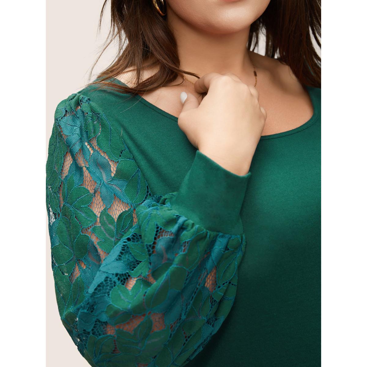 Plus Size Solid Plants Guipure Lace Gathered T-shirt DarkGreen Women Elegant Plain Plain Round Neck Dailywear T-shirts BloomChic 12/L Product Image