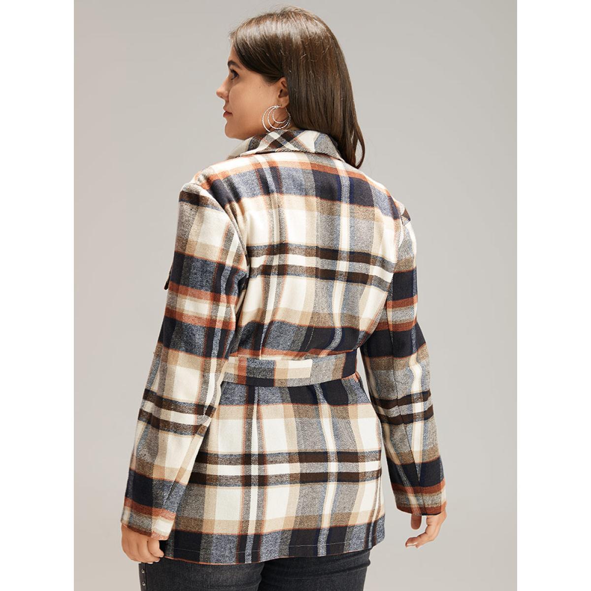 Plus Size Plaid Belted Lapel Collar Pocket Coat Women Tan Casual Belted Ladies Dailywear Winter Coats BloomChic 10/M Product Image